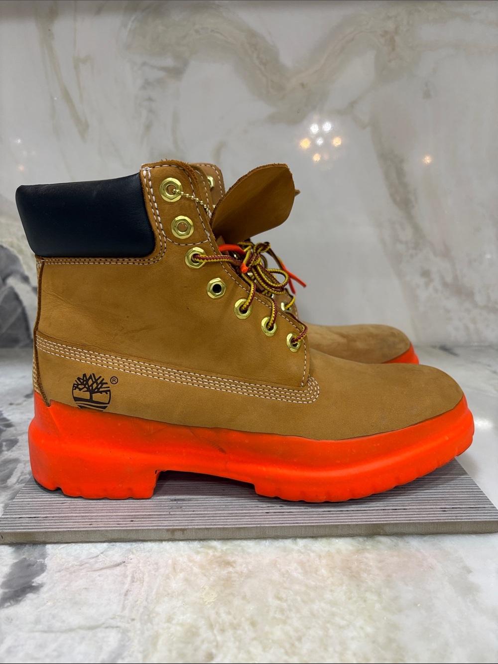 Timberland Wheat Leather Boots with Bright Orange Sole